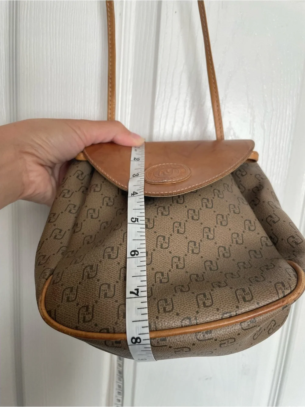 Vintage Yoland Brown/Tan Monogram Crossbody Shoulder Bag 8x2x6 inches